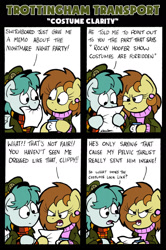 Size: 1024x1542 | Tagged: safe, artist:bobthedalek, oc, oc only, oc:bubble pump, oc:clippy ticket, earth pony, pegasus, pony, comic:trottingham transport, angry, clothes, comic, ear piercing, earring, hat, jewelry, paper, piercing, rocky horror, rocky horror picture show, sweater