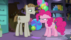 Size: 1280x720 | Tagged: safe, screencap, mudbriar, pinkie pie, earth pony, pony, g4, season 8, the maud couple, angry, duo, frustrated, male, mane, party cave, pinkie pie is not amused, stallion, unamused