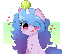 Size: 758x656 | Tagged: safe, artist:arwencuack, izzy moonbow, pony, unicorn, g5, my little pony: a new generation, :p, ball, blushing, chest fluff, commission, cute, ear fluff, eye clipping through hair, female, floating heart, heart, horn, hornball, izzy's tennis ball, izzybetes, mare, solo, tennis ball, tongue out