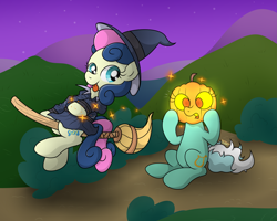 Size: 5003x4001 | Tagged: safe, artist:background basset, bon bon, lyra heartstrings, sweetie drops, earth pony, pony, unicorn, g4, broom, duo, flying, flying broomstick, halloween, hat, holiday, magic, open mouth, pumpkin, pumpkin head, surprised, tongue out, transformation, witch, witch costume, witch hat, witchcraft