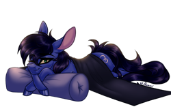 Size: 2500x1600 | Tagged: safe, artist:henori_artist, oc, oc only, earth pony, pony, :3, art, blanket, colt, commission, commission open, lying down, male, one eye closed, pillow, prone, simple background, smiling, solo, transparent background, wink