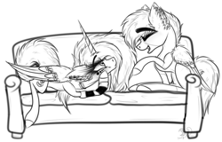 Size: 2926x1876 | Tagged: safe, artist:beamybutt, oc, oc only, oc:moonbeam, alicorn, pegasus, pony, alicorn oc, clothes, couch, ear fluff, eyes closed, female, horn, leg warmers, lineart, male, mare, monochrome, pegasus oc, simple background, smiling, stallion, white background, wings