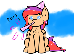 Size: 1024x768 | Tagged: safe, artist:tranzmuteproductions, oc, oc only, pegasus, pony, abstract background, chest fluff, eyelashes, female, hat, mare, party hat, party horn, pegasus oc, wings