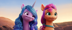 Size: 3840x1604 | Tagged: safe, screencap, izzy moonbow, sunny starscout, earth pony, pony, unicorn, g5, my little pony: a new generation, spoiler:my little pony: a new generation, 3d, female, high res, mare