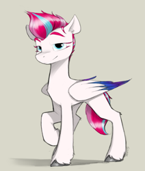 Size: 1291x1522 | Tagged: safe, artist:sinrar, zipp storm, pegasus, pony, g5, my little pony: a new generation, colored wings, concave belly, ear fluff, female, folded wings, leg fluff, lidded eyes, mare, multicolored wings, quadrupedal, raised hoof, slender, smiling, solo, standing, thin, unshorn fetlocks, wings