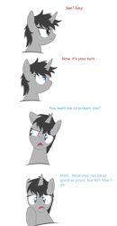 Size: 2071x3984 | Tagged: safe, artist:darkstorm619, derpibooru exclusive, oc, oc only, oc:dossier, oc:terminal velocity, pony, unicorn, comic, dialogue, high res, offscreen character, simple background, solo, surprised