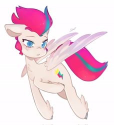 Size: 1864x2048 | Tagged: safe, artist:haichiroo, zipp storm, pegasus, pony, g5, my little pony: a new generation, blushing, chest fluff, floppy ears, flying, solo, spread wings, winged hooves, wings