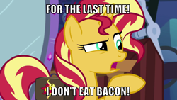 Size: 1066x600 | Tagged: safe, edit, edited screencap, editor:twi clown, screencap, sunset shimmer, pony, unicorn, equestria girls, equestria girls specials, g4, mirror magic, bacon, bacon hair, caption, female, food, image macro, mare, meat, solo, text