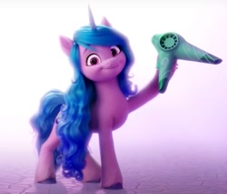 Size: 822x700 | Tagged: safe, screencap, izzy moonbow, pony, unicorn, g5, my little pony: a new generation, spoiler:my little pony: a new generation, 3d, cropped, female, fit right in (g5), hair dryer, solo