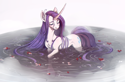 Size: 3008x1978 | Tagged: safe, artist:1an1, rarity, pony, unicorn, g4, blushing, cute, eyes closed, female, mare, raribetes, redraw, rose petals, solo, water, wet, wet mane, wet mane rarity