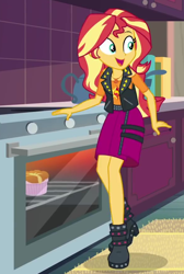 Size: 590x880 | Tagged: safe, screencap, sunset shimmer, equestria girls, equestria girls series, g4, holidays unwrapped, saving pinkie's pie, spoiler:eqg series (season 2), clothes, cropped, cute, female, food, geode of empathy, kitchen, magical geodes, open mouth, open smile, oven, ramekin, shimmerbetes, skirt, smiling, solo, souffle