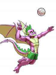 Size: 1280x1707 | Tagged: safe, artist:mykegreywolf, spike, dragon, anthro, g4, beefspike, muscles, older, older spike, simple background, solo, sports, volleyball, white background, winged spike, wings