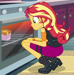Size: 556x566 | Tagged: safe, screencap, sunset shimmer, equestria girls, equestria girls specials, g4, my little pony equestria girls: better together, my little pony equestria girls: holidays unwrapped, saving pinkie's pie, ass, boots, bunset shimmer, butt, clothes, cropped, cute, female, food, grin, high heel boots, kitchen, looking at something, oven, ramekin, shimmerbetes, shoes, skirt, smiling, solo, souffle, squatting, vest