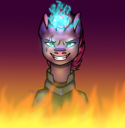 Size: 880x900 | Tagged: safe, artist:silviaandart, tempest shadow, pony, unicorn, g4, broken horn, bust, evil grin, eye scar, female, fire, glowing, glowing horn, grin, horn, magic, mare, open up your eyes, portrait, scar, smiling, solo