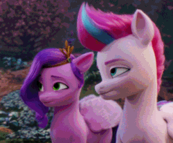 Size: 402x333 | Tagged: safe, screencap, pipp petals, zipp storm, pegasus, pony, g5, my little pony: a new generation, spoiler:my little pony: a new generation, 3d, animated, cropped, duo, exchanging looks, female, folded wings, gif, looking at each other, mare, outdoors, royal sisters (g5), siblings, sisters, wings