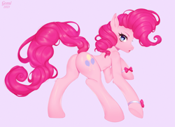 Size: 1400x1015 | Tagged: safe, artist:gomicake, pinkie pie, earth pony, pony, g4, balloonbutt, bow, butt, female, looking at you, looking back, looking back at you, mare, pink background, plot, raised hoof, signature, simple background, solo