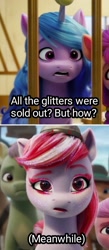 Size: 860x1968 | Tagged: safe, edit, edited screencap, screencap, izzy moonbow, sugar moonlight, g5, my little pony: a new generation, 3d, comic, glitter, meanwhile, screencap comic