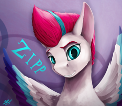 Size: 2500x2160 | Tagged: safe, artist:tenebrisnoctus, zipp storm, pegasus, pony, g5, my little pony: a new generation, bust, female, grin, high res, mare, portrait, signature, simple background, smiling, solo, spread wings, wings