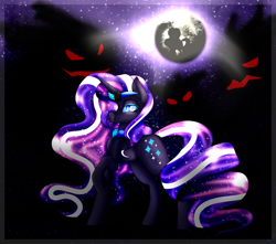 Size: 2603x2303 | Tagged: safe, artist:flabight568, idw, nightmare rarity, pony, unicorn, g4, blue eyes, crown, ethereal mane, female, flowing mane, flowing tail, gem, high res, horn, jewelry, moon, moonlight, night, purple mane, purple tail, raised hoof, redraw, regalia, signature, sky, smiling, solo, starry mane, starry tail, stars, tail