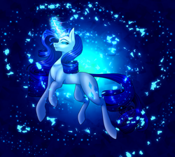 Size: 2000x1800 | Tagged: safe, artist:flabight568, rarity, pony, unicorn, g4, blue background, blue eyes, blue mane, eyelashes, female, glowing, glowing eyes, glowing horn, horn, lidded eyes, logo, looking at you, magic, magic aura, simple background, smiling, solo, teeth