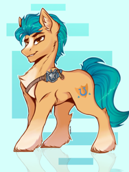 Size: 2304x3072 | Tagged: safe, artist:arlekinarts, hitch trailblazer, earth pony, pony, g5, my little pony: a new generation, badge, high res, male, sheriff, simple background, smiling, solo, stallion