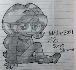 Size: 3120x2854 | Tagged: safe, artist:iceflower99, sunset shimmer, equestria girls, g4, clothes, high res, inktober, inktober 2021, lined paper, pajamas, solo, traditional art