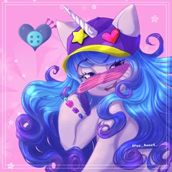 Size: 2000x2000 | Tagged: safe, artist:ao_heart_, izzy moonbow, pony, unicorn, g5, my little pony: a new generation, spoiler:my little pony: a new generation, baseball cap, bracelet, cap, cutie mark, eyebrows, eyebrows visible through hair, glasses, hat, high res, izzy the rapper, jewelry, looking at you, open mouth, rapper, shutter shades, sunglasses