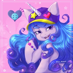 Size: 2000x2000 | Tagged: safe, alternate version, artist:ao_heart_, izzy moonbow, pony, unicorn, g5, my little pony: a new generation, spoiler:my little pony: a new generation, baseball cap, bracelet, cap, cutie mark, eyebrows, eyebrows visible through hair, glasses off, hat, high res, izzy the rapper, jewelry, looking at you, open mouth, rapper