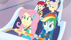 Size: 3410x1920 | Tagged: safe, screencap, fluttershy, rainbow dash, roseluck, track starr, equestria girls, equestria girls specials, g4, my little pony equestria girls: better together, my little pony equestria girls: rollercoaster of friendship, :o, clothes, cutie mark, cutie mark on clothes, female, geode of fauna, geode of super speed, hairpin, high res, hoodie, jewelry, magical geodes, male, necklace, open mouth, roller coaster, unnamed character, unnamed human