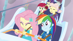 Size: 3410x1920 | Tagged: safe, screencap, fluttershy, rainbow dash, roseluck, track starr, equestria girls, equestria girls specials, g4, my little pony equestria girls: better together, my little pony equestria girls: rollercoaster of friendship, clothes, cute, cutie mark, cutie mark on clothes, dashabetes, eyes closed, female, geode of fauna, geode of super speed, hairpin, high res, hoodie, jewelry, magical geodes, male, necklace, open mouth, roller coaster, smiling, unnamed character, unnamed human