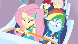 Size: 3410x1920 | Tagged: safe, screencap, fluttershy, rainbow dash, roseluck, equestria girls, equestria girls specials, g4, my little pony equestria girls: better together, my little pony equestria girls: rollercoaster of friendship, clothes, cutie mark, cutie mark on clothes, eyes closed, female, geode of super speed, hairpin, high res, hoodie, jewelry, magical geodes, male, necklace, open mouth, roller coaster, unnamed character, unnamed human