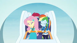 Size: 3410x1920 | Tagged: safe, screencap, fluttershy, rainbow dash, equestria girls, equestria girls specials, g4, my little pony equestria girls: better together, my little pony equestria girls: rollercoaster of friendship, clothes, cutie mark, cutie mark on clothes, eyes closed, female, geode of fauna, geode of super speed, hairpin, high res, hoodie, jewelry, magical geodes, necklace, roller coaster, smiling