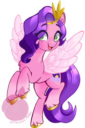 Size: 1610x2424 | Tagged: safe, artist:preserved_plumbo, artist:preservedplumbo, pipp petals, pegasus, pony, g5, my little pony: a new generation, adorapipp, crown, cute, flying, happy, jewelry, open mouth, open smile, regalia, signature, simple background, smiling, solo, spread wings, white background, wings
