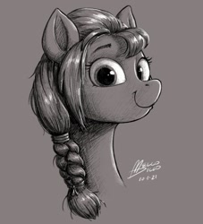 Size: 923x1015 | Tagged: safe, artist:mellodillo, sunny starscout, earth pony, pony, g5, black and white, bust, female, grayscale, looking at you, mare, monochrome, smiling, smiling at you, solo