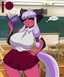 Size: 1068x1280 | Tagged: safe, artist:mastergodai, oc, oc only, oc:twisted mind, anthro, big breasts, black sclera, book, breasts, classroom, clothes, digital art, female, hand on hip, horn, huge breasts, interspecies offspring, offspring, parent:lord tirek, parent:twilight sparkle, parents:twirek, reading, school, school uniform, schoolgirl, shirt, skirt, solo, studying, tail, text, thighs, thought bubble, wide hips