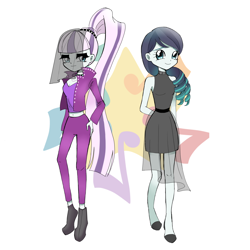 Size: 3000x3000 | Tagged: safe, artist:glitterrrrr, coloratura, equestria girls, g4, arm behind back, belly button, butt touch, clothes, countess coloratura, cutie mark background, hand on butt, high res, shoes, simple background, white background
