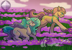Size: 1280x896 | Tagged: safe, artist:mockhound, izzy moonbow, sunny starscout, g5, field, galloping, running, watermark