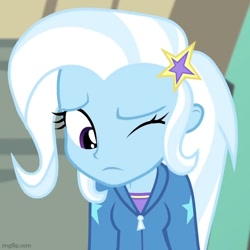 Size: 500x500 | Tagged: safe, screencap, trixie, equestria girls, equestria girls specials, g4, my little pony equestria girls: better together, my little pony equestria girls: forgotten friendship, cropped, offscreen character, one eye closed, solo focus