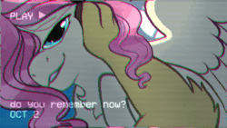 Size: 1278x720 | Tagged: safe, artist:loryska, discord, fluttershy, draconequus, pegasus, pony, series:dreamland, g4, absurd file size, animated, chest fluff, chromatic aberration, distortion, female, gif, lidded eyes, looking at you, male, mare, offscreen character, pov, ship:discoshy, shipping, smiling, spread wings, straight, timestamp, vhs, wings