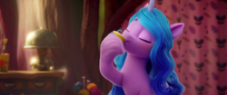 Size: 1920x804 | Tagged: safe, screencap, izzy moonbow, pony, unicorn, g5, my little pony: a new generation, spoiler:my little pony: a new generation, 3d, cup, drinking, eyes closed, female, mare, solo, teacup