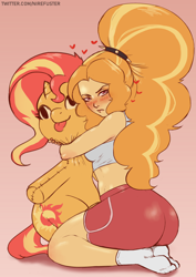 Size: 1240x1754 | Tagged: safe, artist:nire, adagio dazzle, sunset shimmer, equestria girls, g4, :p, adagio dat-azzle, ass, blushing, butt, clothes, crush plush, curvy, cutie mark, embarrassed, female, floating heart, frown, heart, hug, implied lesbian, implied shipping, implied sunsagio, large butt, looking at you, midriff, plushie, shorts, simple background, socks, solo, spiked headband, stocking feet, tank top, tongue out
