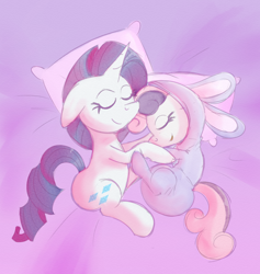 Size: 1280x1349 | Tagged: safe, artist:zalakir, rarity, sweetie belle, pony, unicorn, g4, animal costume, bed, bunny costume, clothes, costume, diaper, diaper fetish, eyes closed, female, fetish, filly, footed sleeper, footie pajamas, hug, kigurumi, mare, non-baby in diaper, onesie, pajamas, pillow, poofy diaper, sleeping, smiling