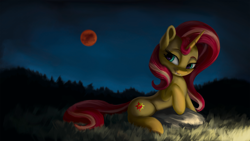 Size: 4000x2250 | Tagged: safe, artist:flusanix, sunset shimmer, pony, unicorn, g4, blood moon, fangs, female, high res, mare, moon, night, solo