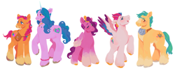 Size: 2048x859 | Tagged: safe, artist:cottaboo, hitch trailblazer, izzy moonbow, pipp petals, sunny starscout, zipp storm, earth pony, pegasus, pony, unicorn, g5, my little pony: a new generation, spoiler:g5, spoiler:my little pony: a new generation, mane five, raised hoof, simple background, smiling, white background