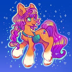 Size: 2048x2048 | Tagged: safe, artist:honolu-loo, sunny starscout, earth pony, pony, g5, my little pony: a new generation, abstract background, bag, coat markings, floating, high res, shiny hair, smiling, socks (coat markings), solo