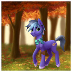 Size: 2600x2600 | Tagged: safe, artist:dash wang, oc, oc only, oc:memory mark, earth pony, pony, autumn, clothes, earbuds, forest, high res, leaves, male, scarf, solo, tree, walking
