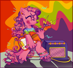 Size: 1280x1195 | Tagged: safe, artist:lemoocado, skywishes, earth pony, pony, g3, abstract background, eyes closed, guitar, musical instrument, playing guitar, solo, speaker, standing on two hooves, tongue out