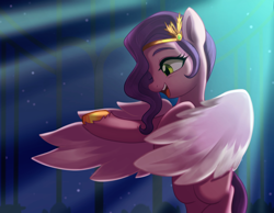 Size: 3700x2878 | Tagged: safe, artist:maren, pipp petals, pegasus, pony, g5, my little pony: a new generation, spoiler:my little pony: a new generation, female, high res, mare, open mouth, open smile, scene interpretation, singing, smiling, solo, spread wings, wings