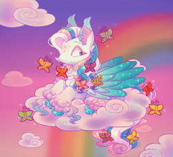 Size: 1660x1500 | Tagged: safe, artist:sidruni, star catcher, butterfly, pegasus, pony, g3, cloud, colored ear fluff, colored hooves, colored pinnae, colored wings, ear fluff, female, glitter, glittery, gradient wings, lying down, mare, multicolored mane, multicolored tail, on a cloud, prone, rainbow, solo, sparkles, sparkly hooves, tail, wings