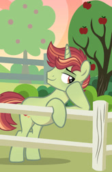 Size: 724x1103 | Tagged: safe, artist:pgthehomicidalmaniac, oc, oc only, oc:fallen apple, pony, unicorn, apple, apple tree, fence, male, solo, stallion, tree